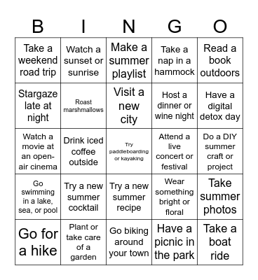 Summer activities Bingo Card