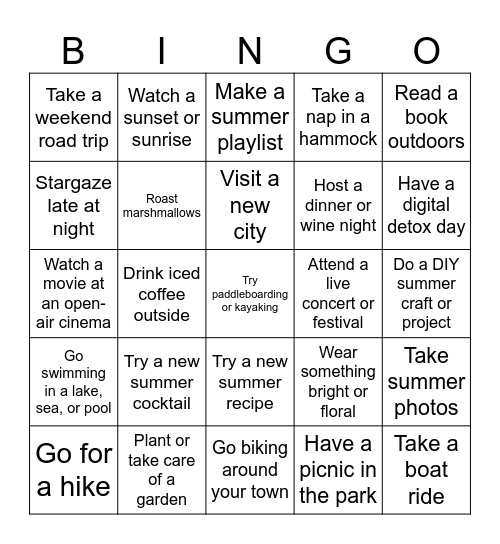 Summer activities Bingo Card