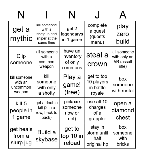 fortnite bingo Card