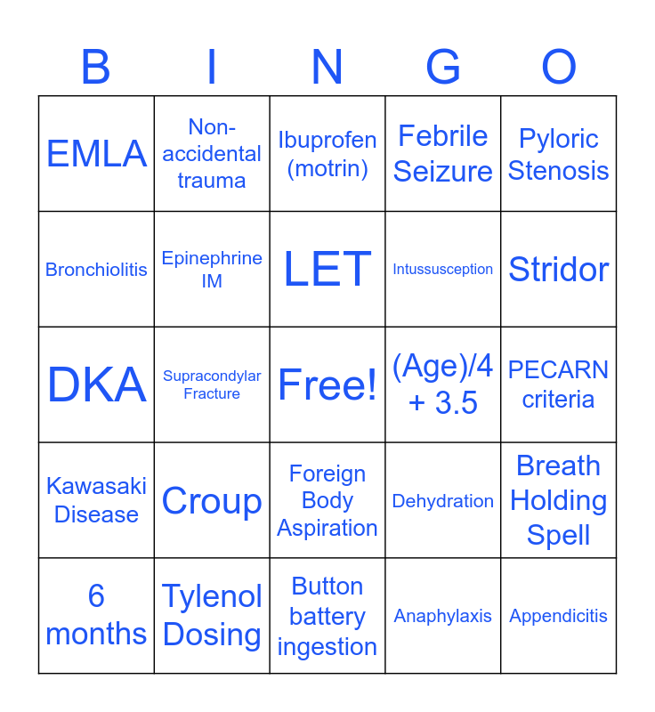 PEDIATRIC EMERGENCY MEDICINE BINGO Card