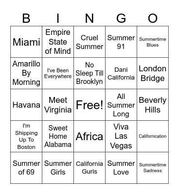 Summer/Destination Bingo Card