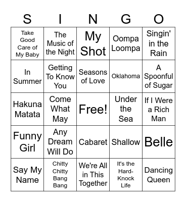 Musical Singo Bingo Card