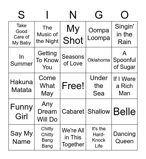 Musical Singo Bingo Card
