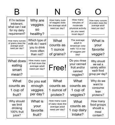 MyPlate Bingo Adults Bingo Card