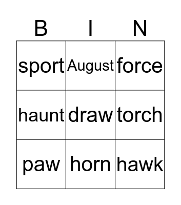 Aw, Or and Au words Bingo Card