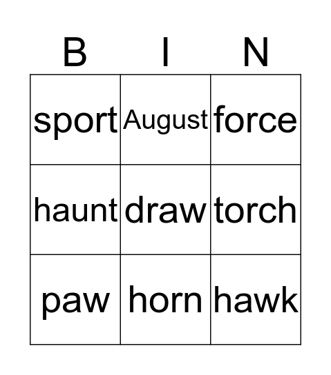 Aw, Or and Au words Bingo Card