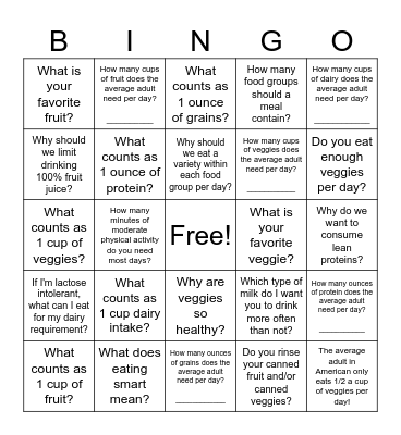 MyPlate Bingo Card