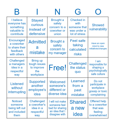 Psychological Safety Bingo Card