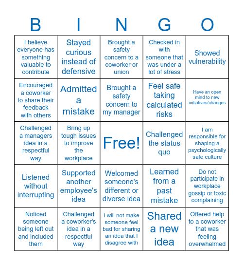 Psychological Safety Bingo Card