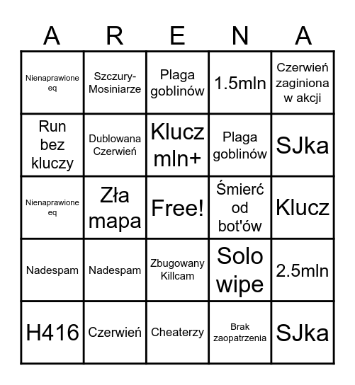 Arena Bingo Infinite Bingo Card