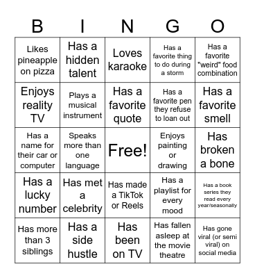 Get to know you Bingo Card