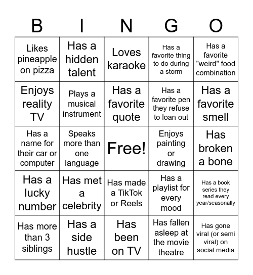 Get to know you Bingo Card