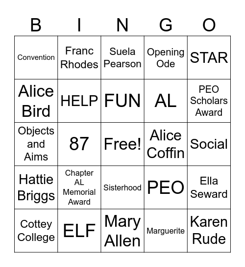 PEO Bingo Card