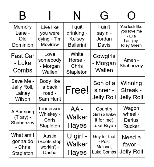 New Country Hits Bingo Card