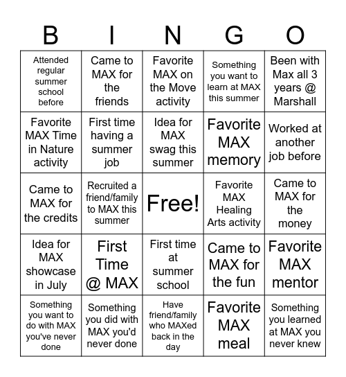 MAX_415 SUMMER '25 Bingo Card