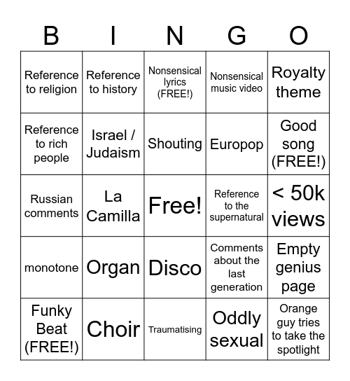 Army of Lovers songs bingo card Bingo Card