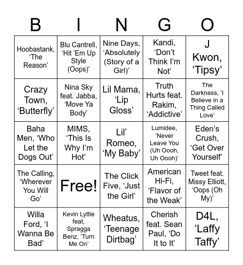 2000s One Hit Wonders Bingo Card