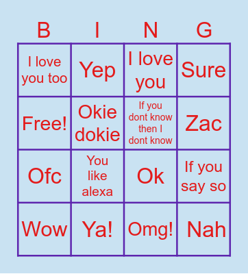 Things isabelle says Bingo Card