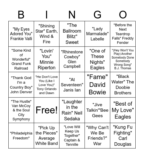Top Hits of 1975 Bingo Card