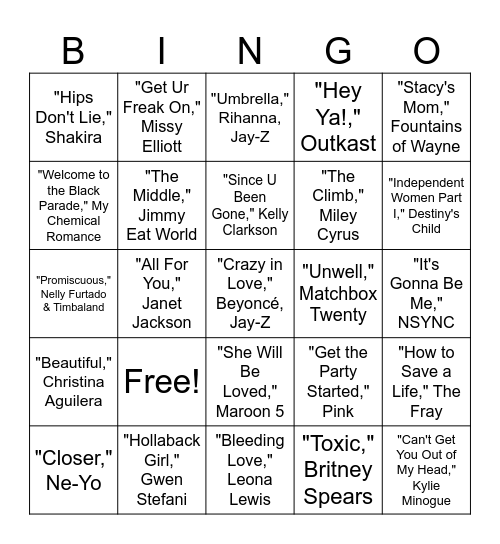Poppin and Rockin in the 2000s Bingo Card