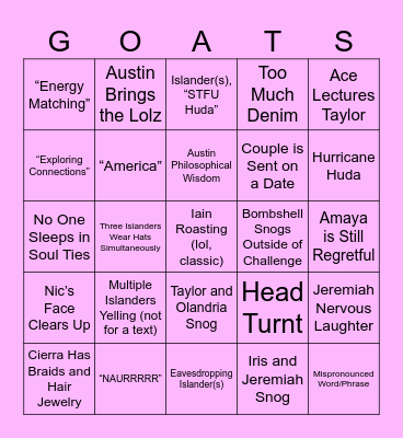 Escape Goat Island S7 Ep15 Bingo Card
