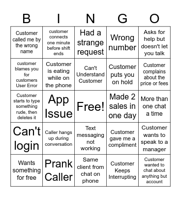 Customer Service Bingo Card