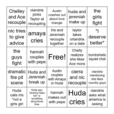 Love Island Bingo Card