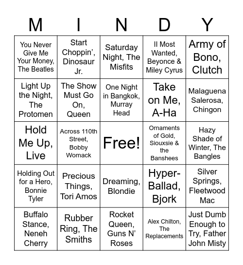 Rock & Kroll Music Bingo Card