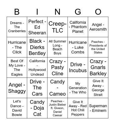 Same Name Game Bingo Card