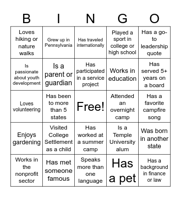 COLLEGE SETTLEMENT Bingo Card