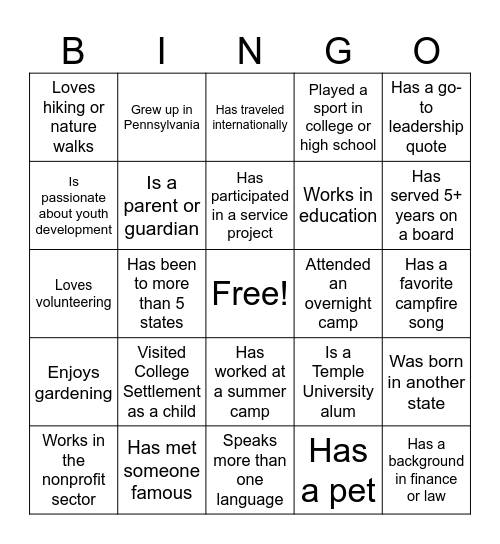 COLLEGE SETTLEMENT Bingo Card
