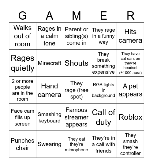Game rage bingo Card