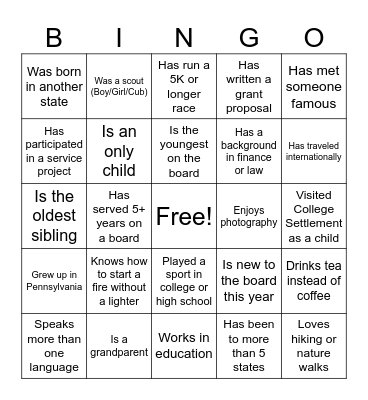 College Settlement Bingo Card