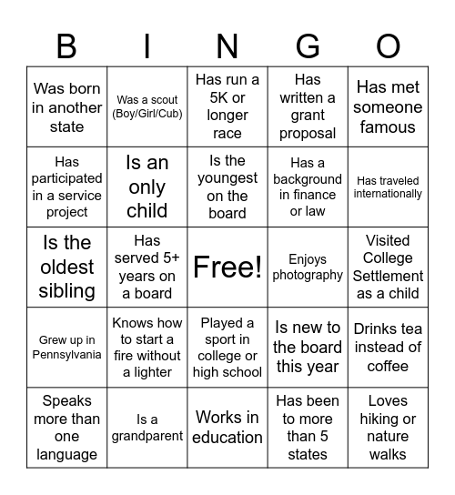College Settlement Bingo Card