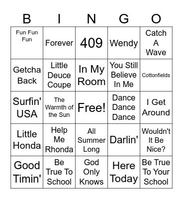 Beach Boys Bingo Card