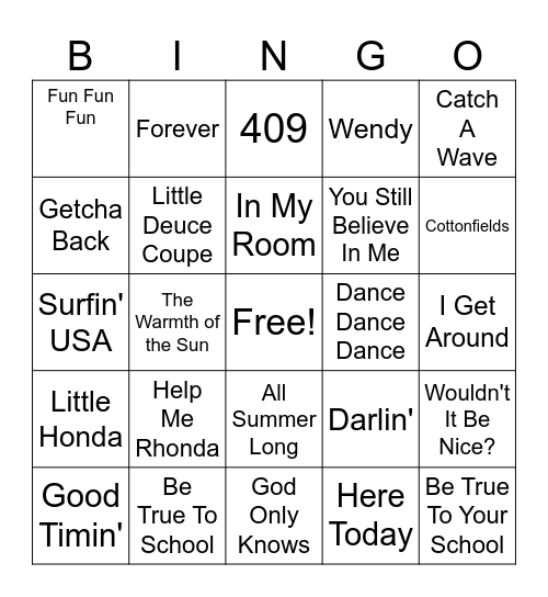 Beach Boys Bingo Card