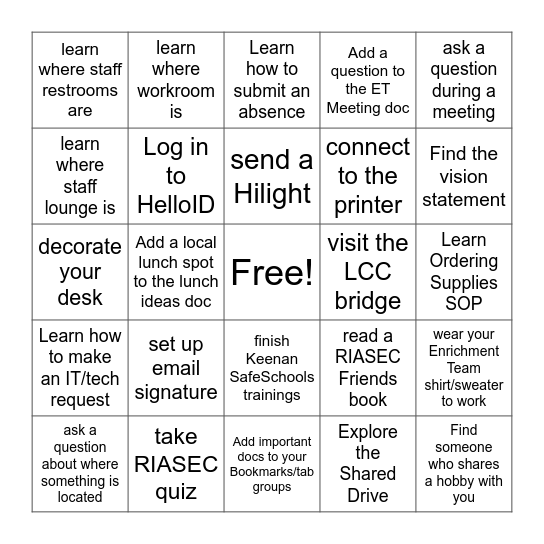 CV Enrichment Onboarding Bingo Card