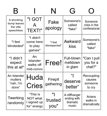 Love Island Bingo Card