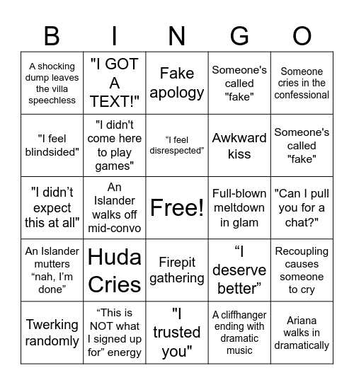 Love Island Bingo Card