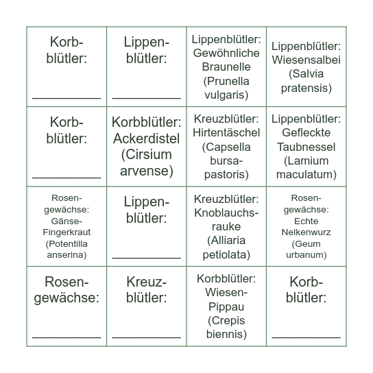 Pflanzenfamilien-Bingo Card