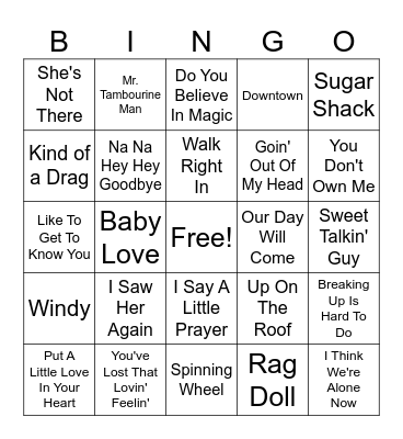 Feel Good Hits Bingo Card