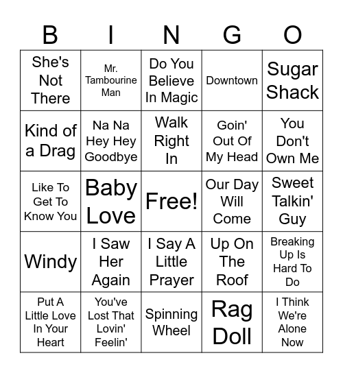 Feel Good Hits Bingo Card