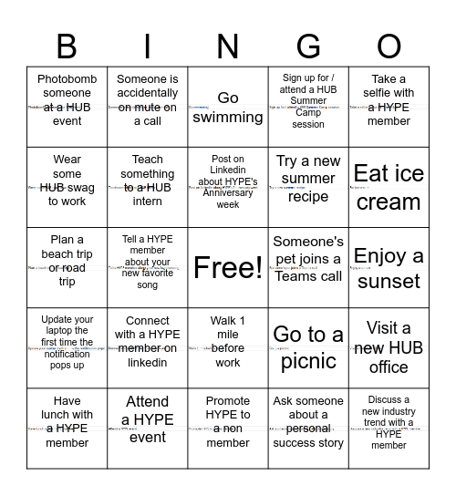 HYPE Anniversary Week Bingo Card