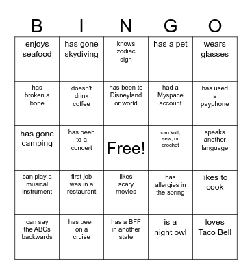 Get to Know You Bingo Card