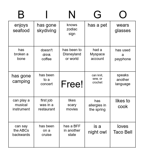 Get to Know You Bingo Card