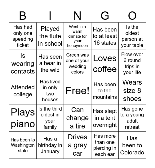 Kayla's Bridal Shower Bingo Card