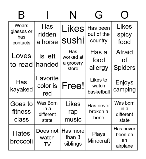Commonality Bingo Card