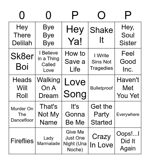 2000s Pop Bingo Card