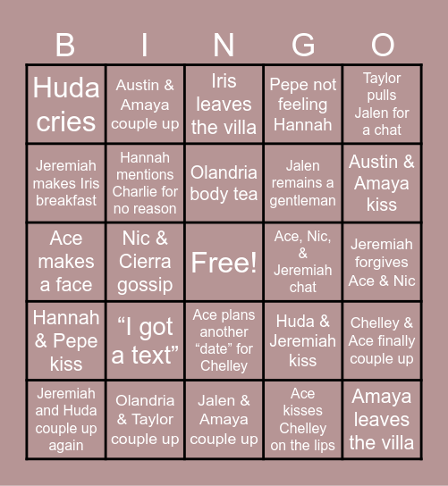 Love Island Season 7 Ep 14 Bingo Card
