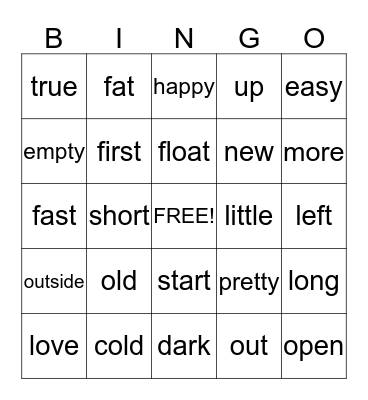Antonym Bingo Card